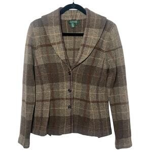 Lauren Ralph Lauren Plaid Lambswool Sweater Blazer Shawl Collar Fall Cardigan M